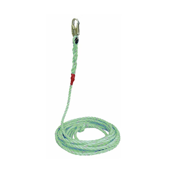 Green rope with a metal clip on a white background