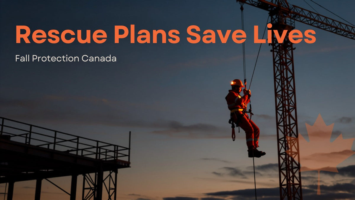 Worker in a full-body safety harness during a rescue at height on a Canadian jobsite at dusk with charcoal and safety orange Fall Protection Canada branding