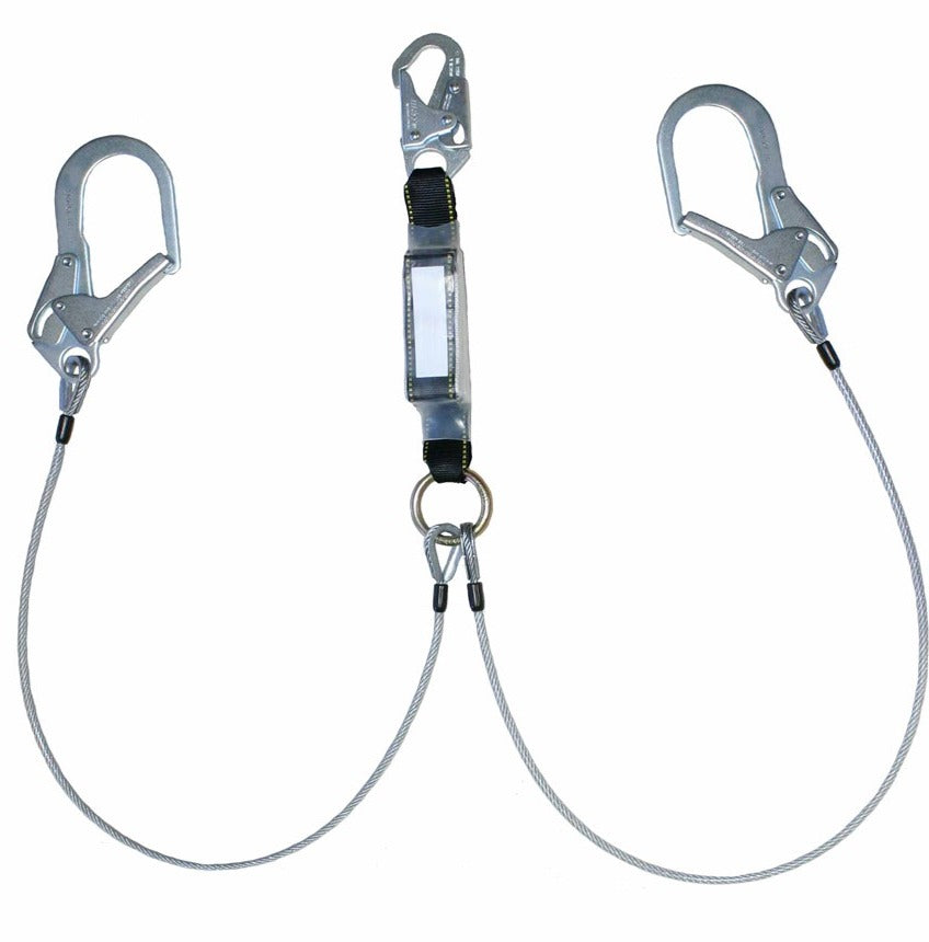 Safety Direct wire rope twin leg energy-absorbing lanyard 310, snap and scaffold hooks