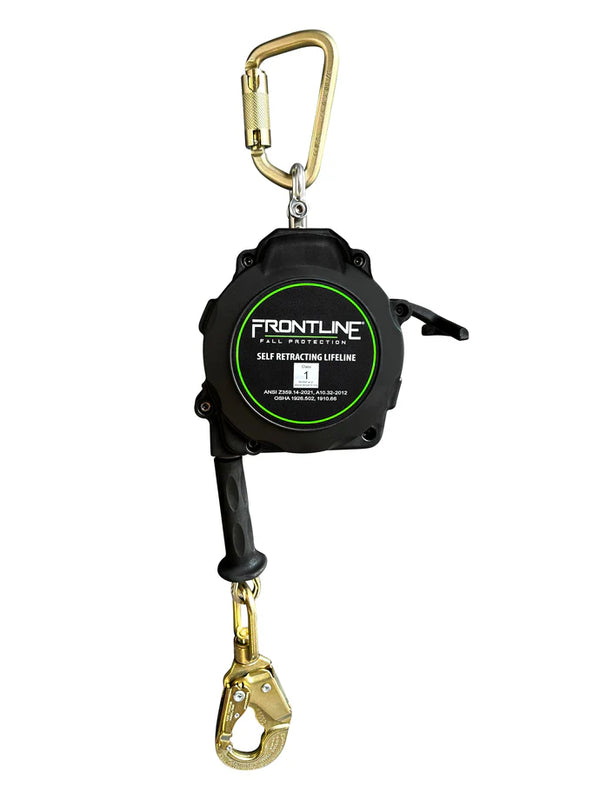 Longe de sécurité à enrouleur Frontline RPGC Cable SRL, un brin, avec mousqueton en acier | Ligne de vie auto-rétractable avec poignée de transport et ligne de tirage | Canada