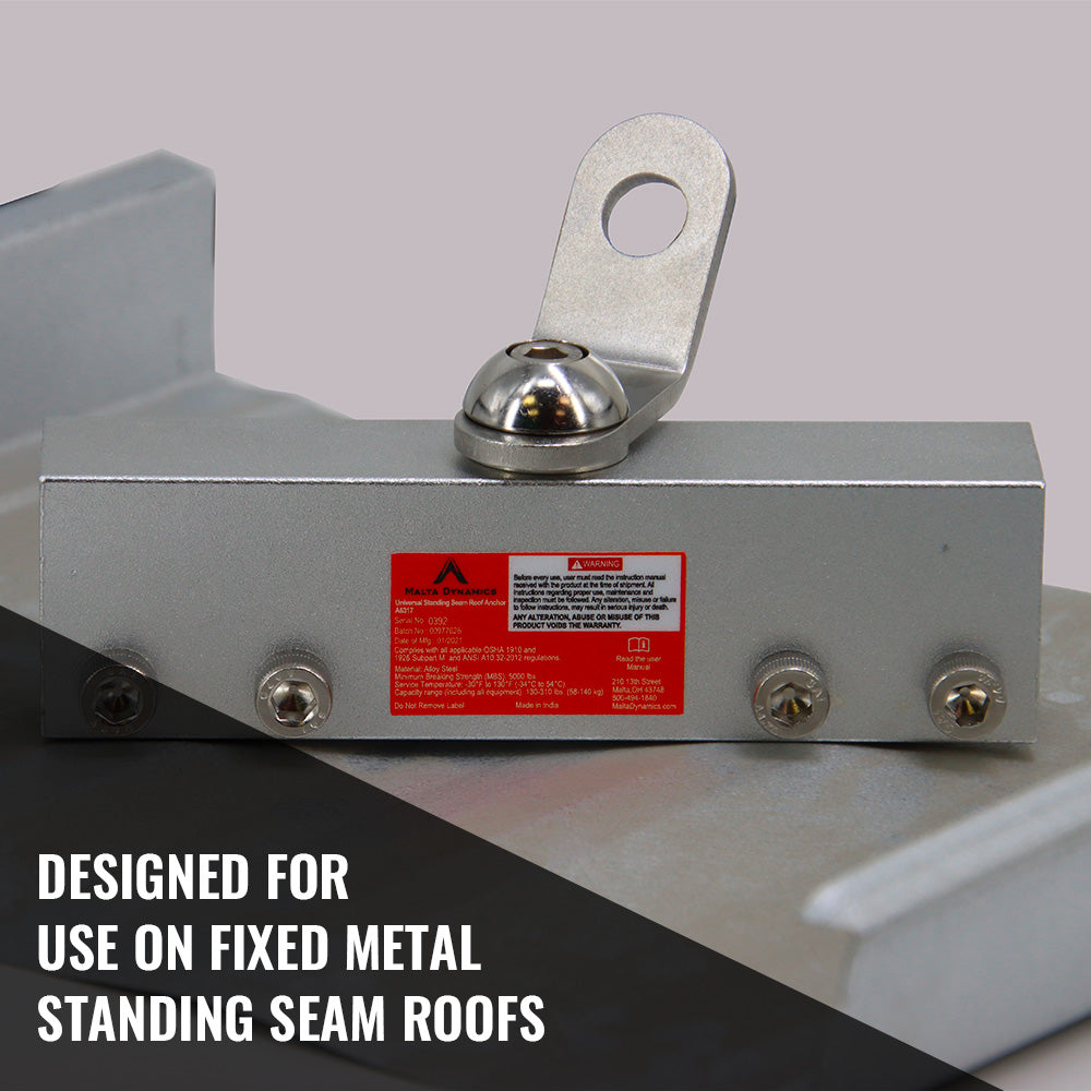 Malta Dynamics A6317 anchor installed on a standing seam metal roof