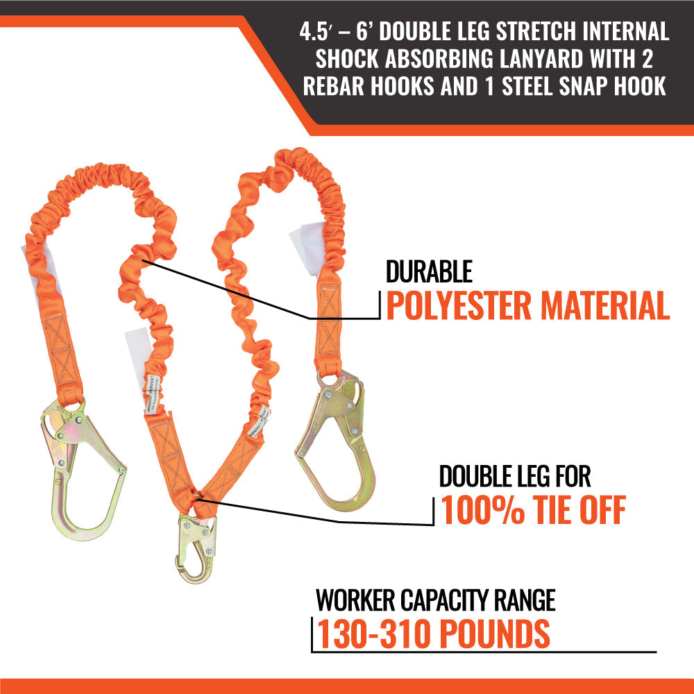 Malta Dynamics C5117 stretch double-leg lanyard with rebar hooks, product detail 4