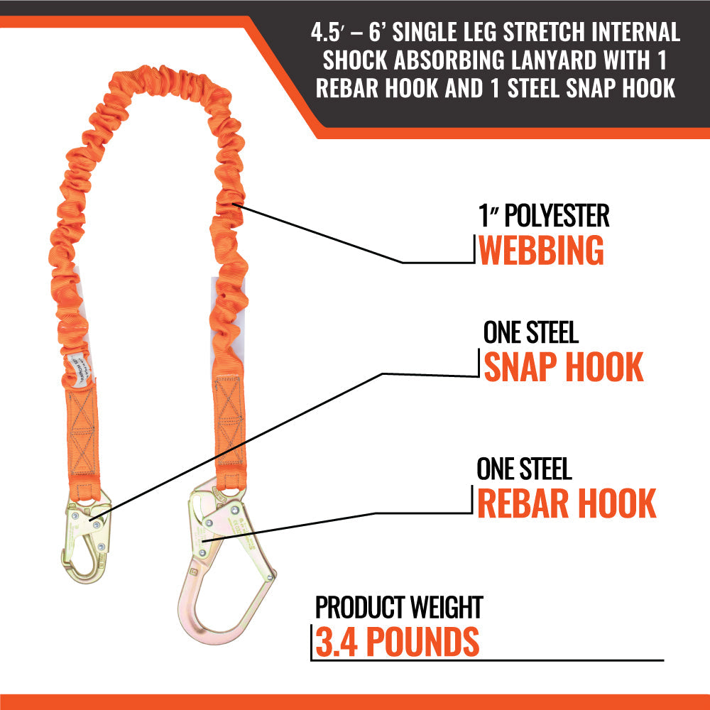 Malta Dynamics C5115 stretch single-leg lanyard with rebar hook, snap hook detail
