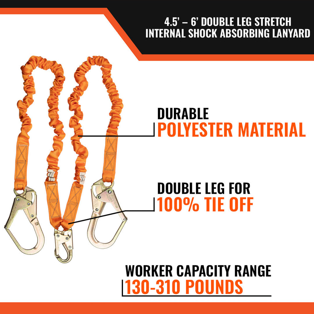 Malta Dynamics C5117 stretch double-leg lanyard with rebar hooks, features callout 1