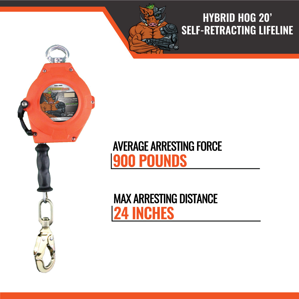 Malta Dynamics C9000 Hybrid Hog 20'/30' Self-Retracting Lifeline, feature callout graphic with handle