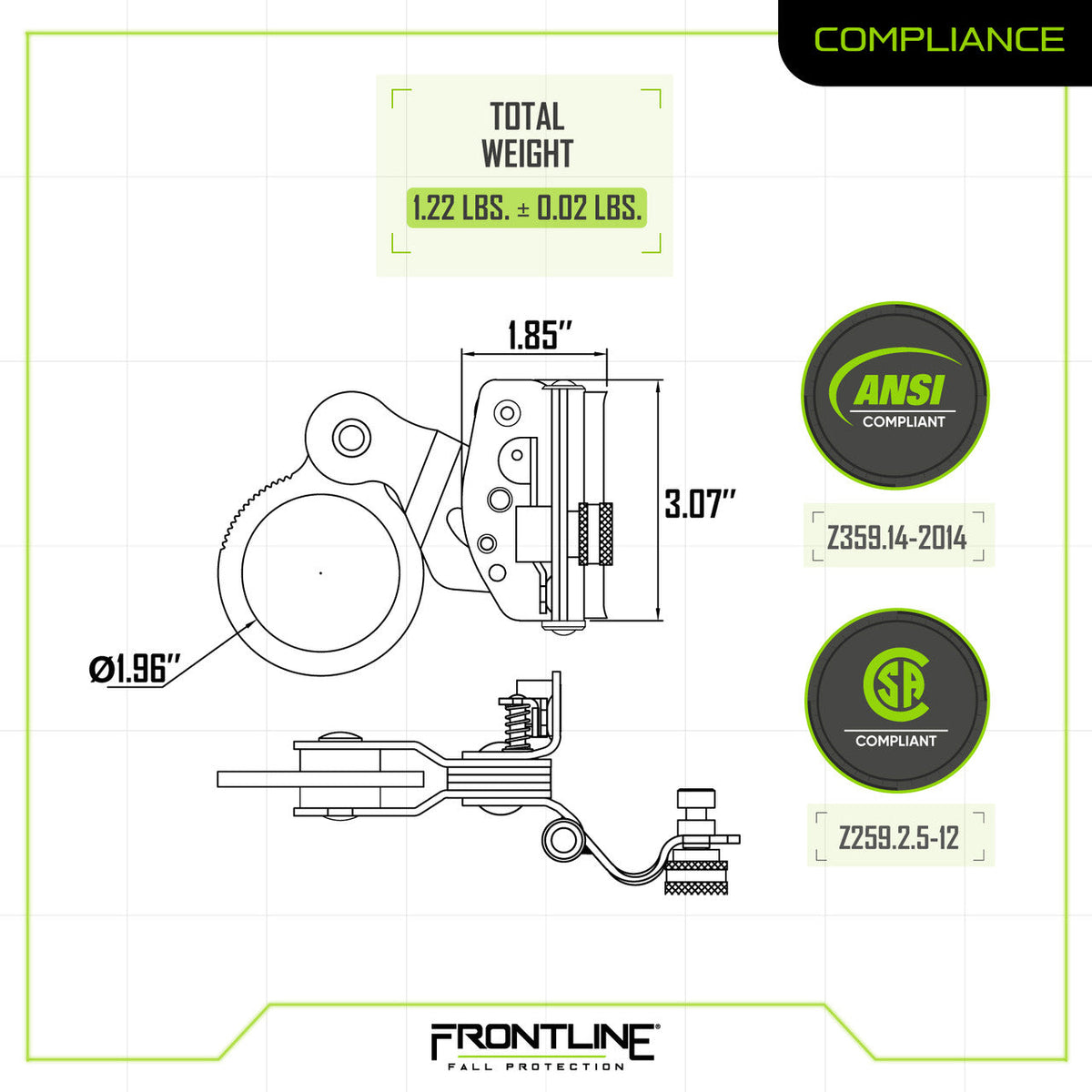 Frontline RGSS58 rope grab compliance sheet, OSHA and ANSI