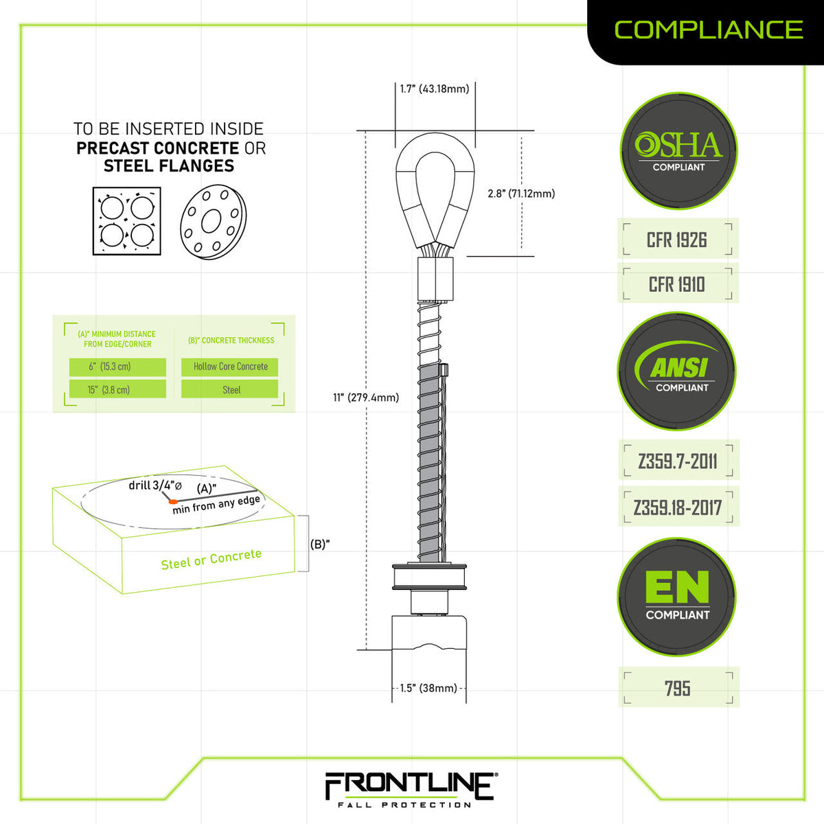 Frontline COT345K compliance sheet, OSHA 1926.502, ANSI Z359.7 and EN 795