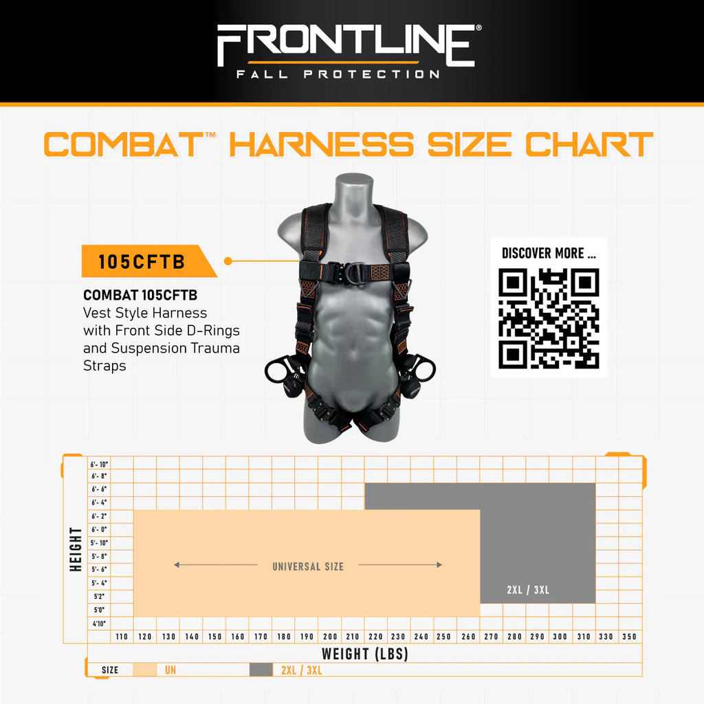 Harnais-gilet intégral de combat Frontline 105CFTB Combat™ — Anneaux en D avant et latéraux avec sangles anti-choc de suspension