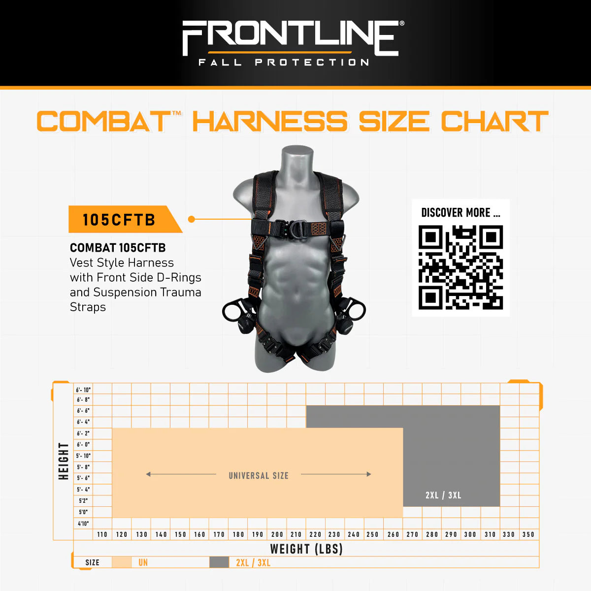 Harnais-gilet intégral de combat Frontline 105CFTB Combat™ — Anneaux en D avant et latéraux avec sangles anti-choc de suspension