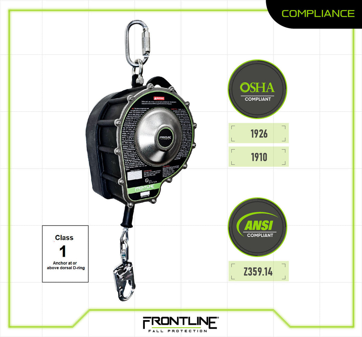 Frontline RSBC spec sheet 3 of 3, ANSI Z359.14 and OSHA compliance
