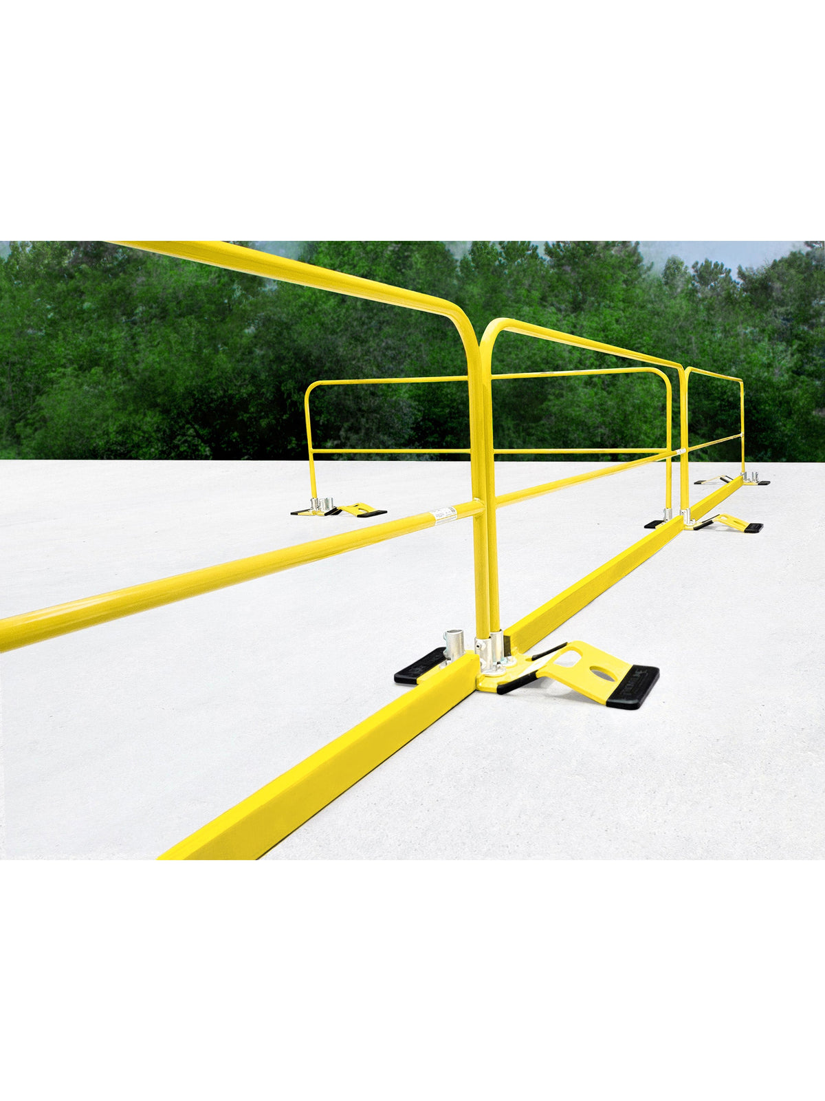 Frontline GUTO yellow toe board installed on a guardrail