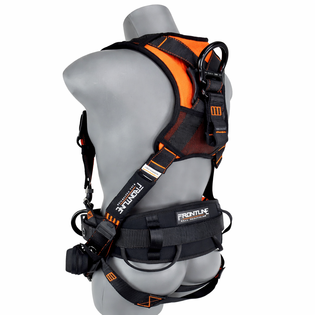 Black and orange safety harness on a mannequin torso against a white background