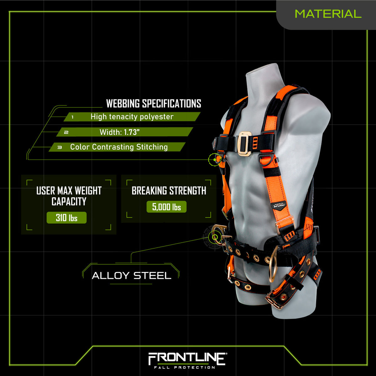 Frontline 50CTB Combat construction harness, materials chart
