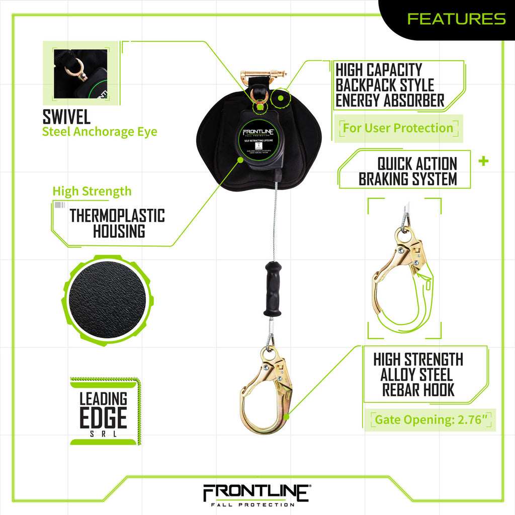 Frontline RPG081RLE 8 ft leading edge cable SRL with steel rebar hook, features chart