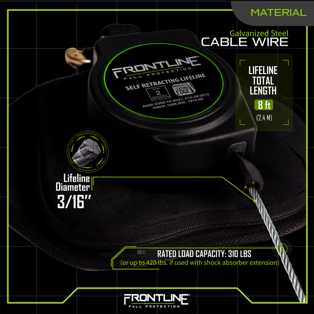 Frontline RPG081RLE 8 ft leading edge cable SRL with steel rebar hook, materials chart