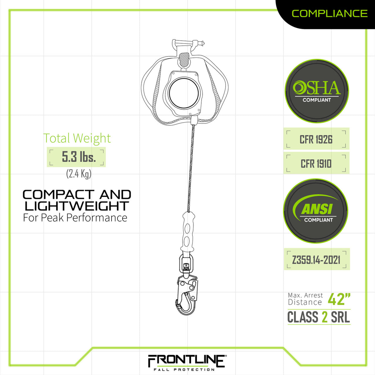 Frontline RPG081SLE 8 ft leading edge cable SRL with steel snap hook, compliance chart