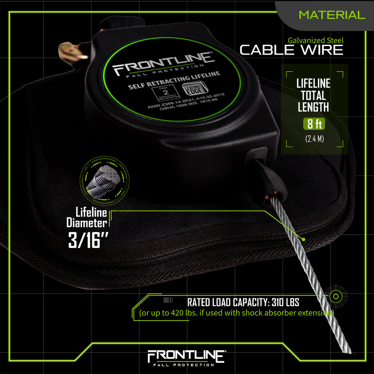 Frontline RPG081SLE 8 ft leading edge cable SRL with steel snap hook, materials chart