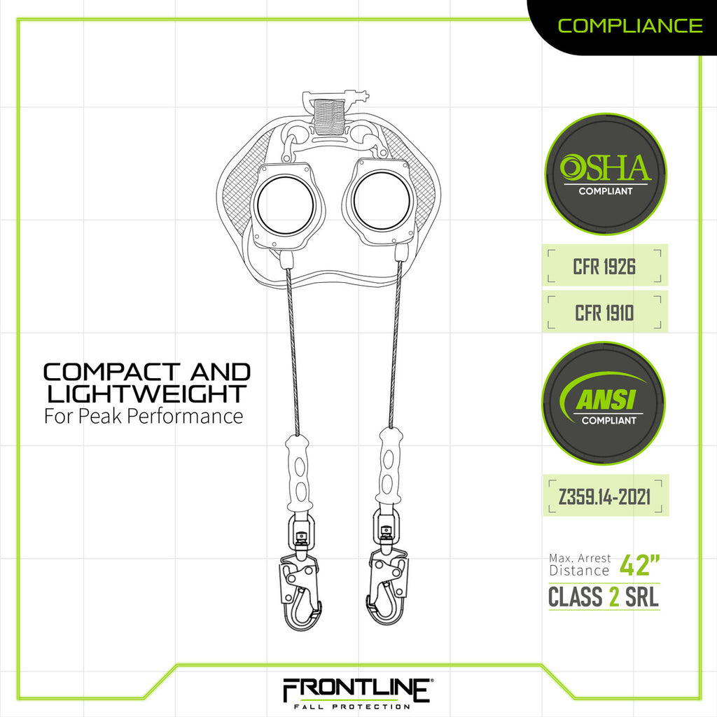 Frontline RPG082SLE 8 ft leading edge cable twin-leg SRL with steel snap hooks, compliance chart