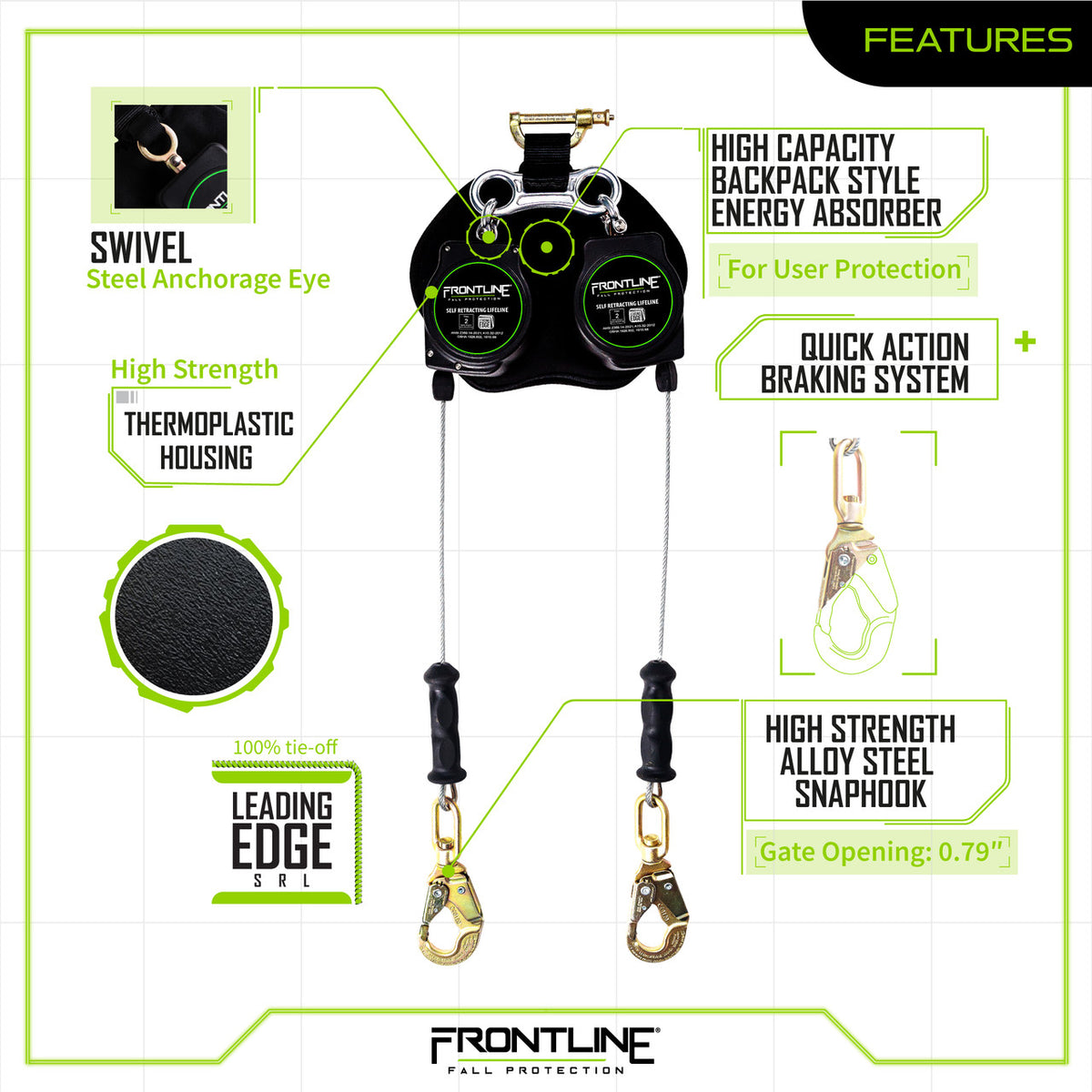 Frontline RPG082SLE 8 ft leading edge cable twin-leg SRL with steel snap hooks, features chart