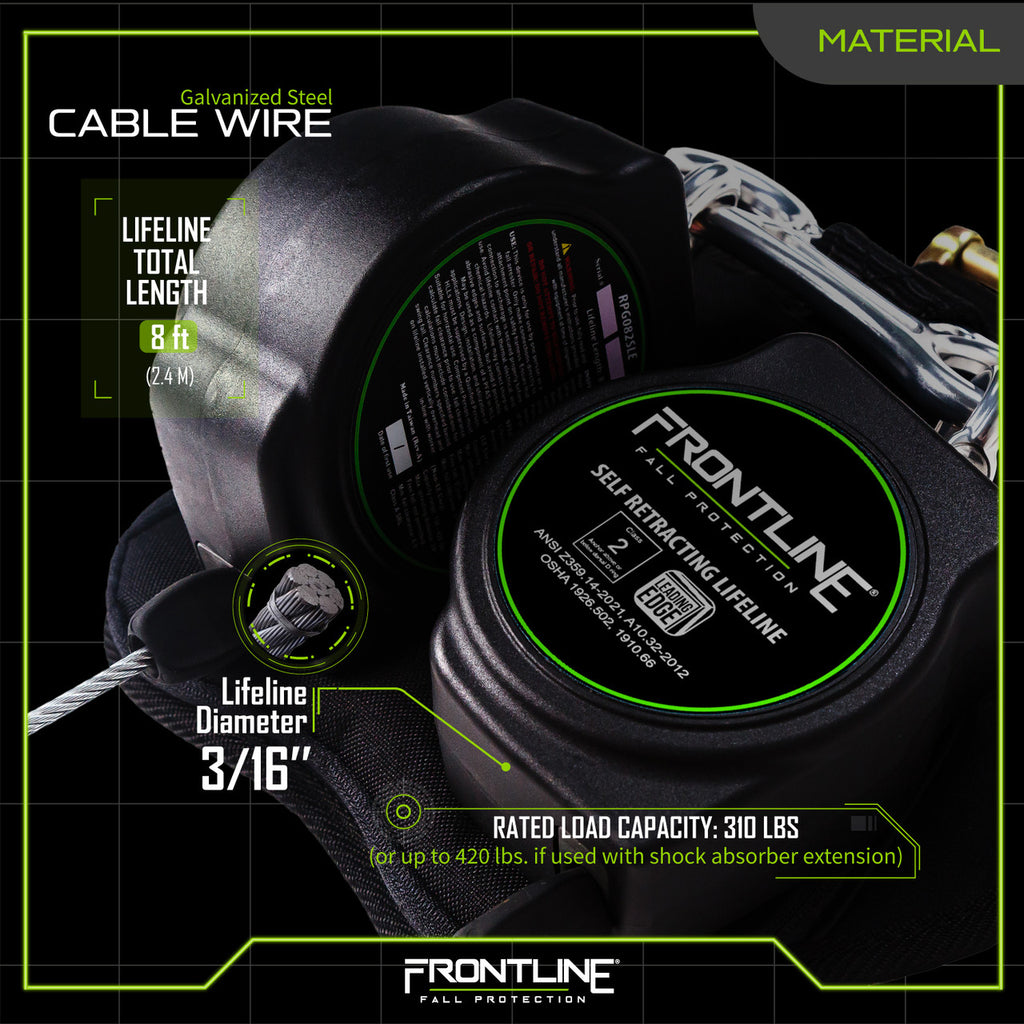 Frontline RPG082SLE 8 ft leading edge cable twin-leg SRL with steel snap hooks, materials chart