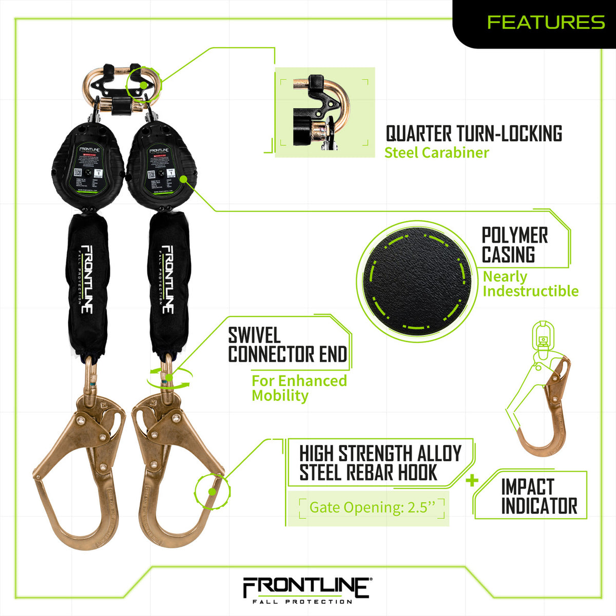 Frontline RPW062R 6 ft web twin-leg SRL with steel rebar hooks, features chart