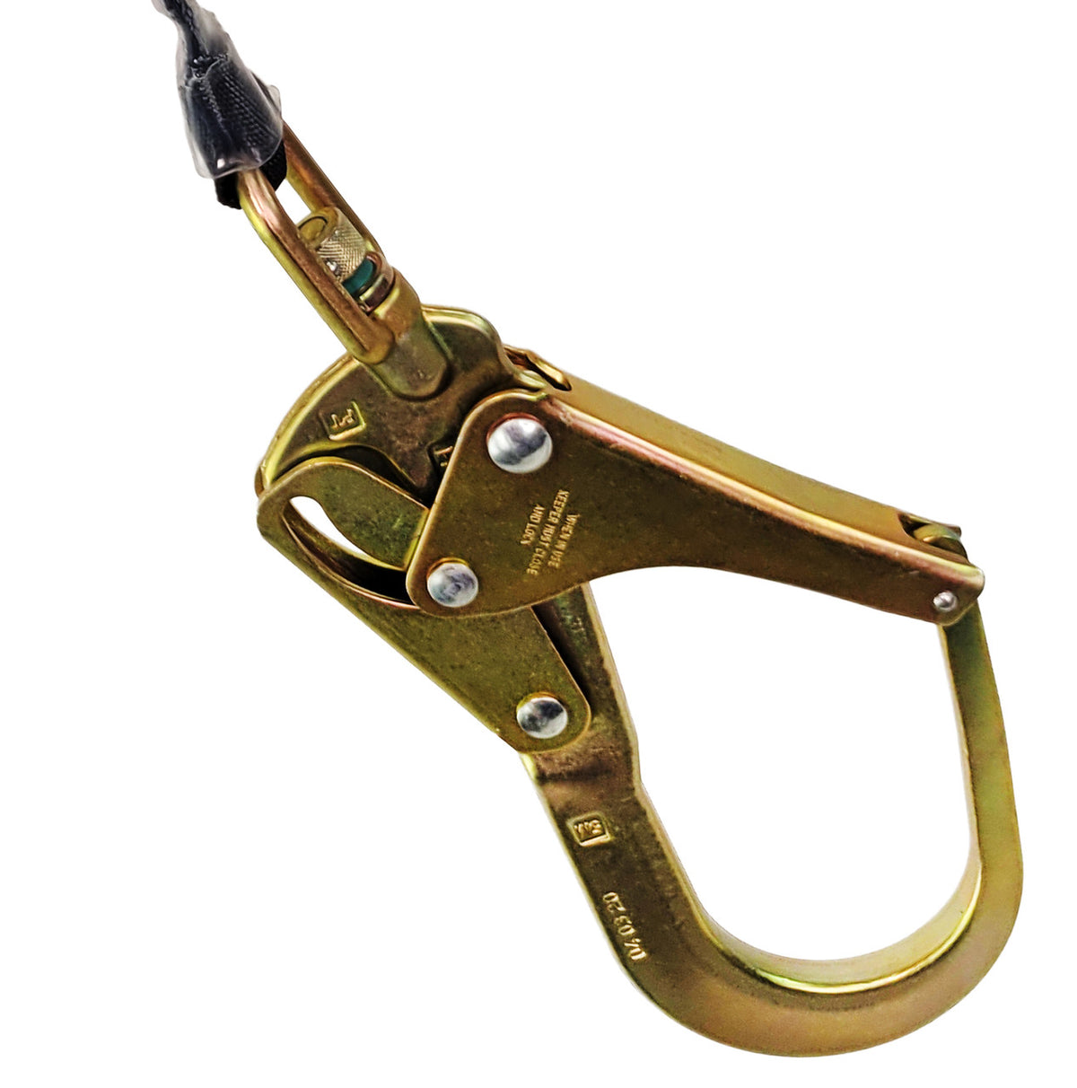 Frontline RPW20R 20 ft web single-leg SRL, steel rebar hook close-up