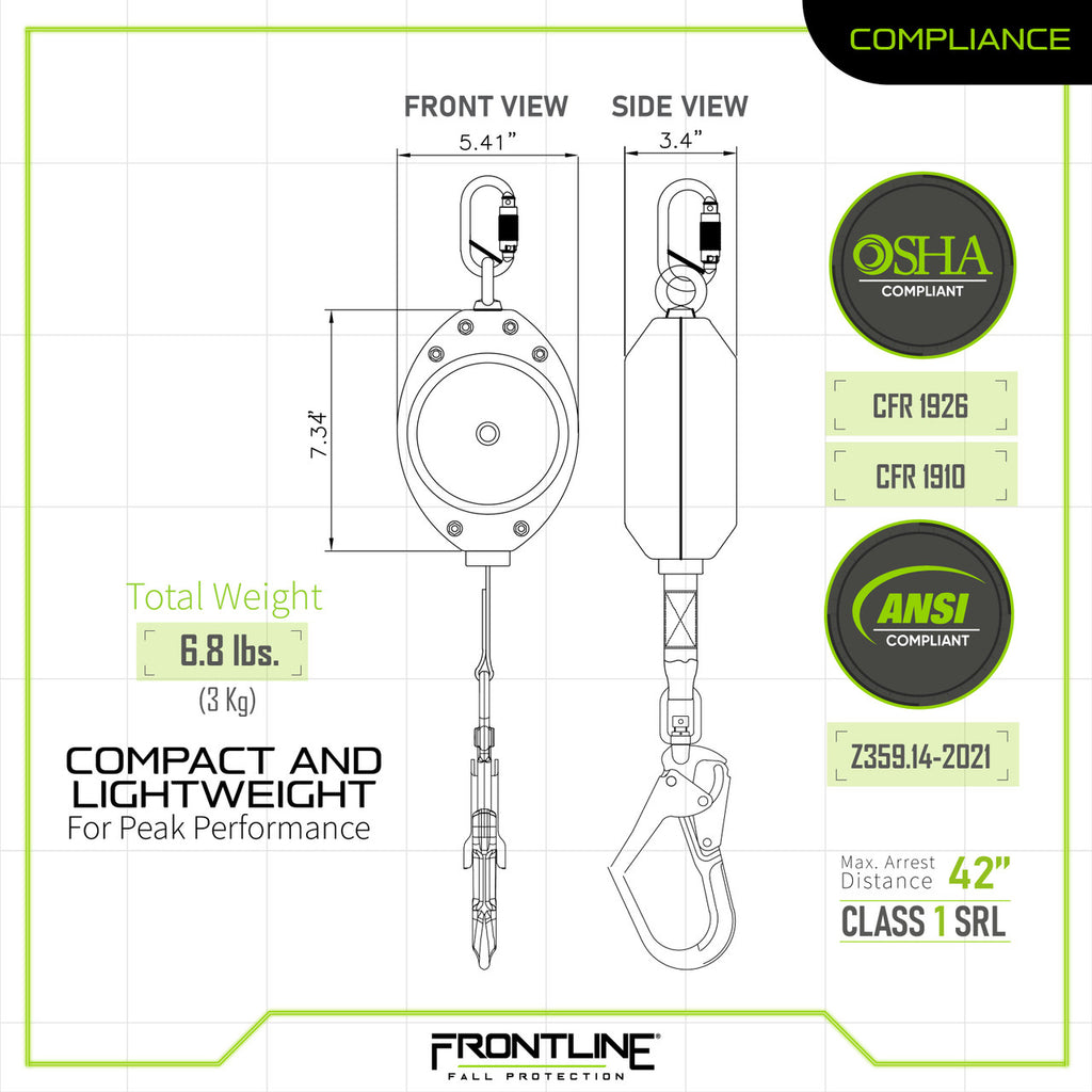 Frontline RPW20R 20 ft web single-leg SRL with steel rebar hook, compliance chart