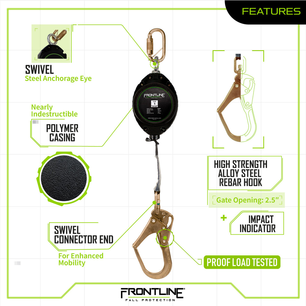 Frontline RPW20R 20 ft web single-leg SRL with steel rebar hook, features chart