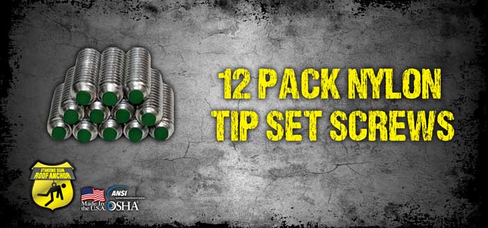 Nylon tipped set screws, one dozen laid out for SSRA1 standing seam anchors