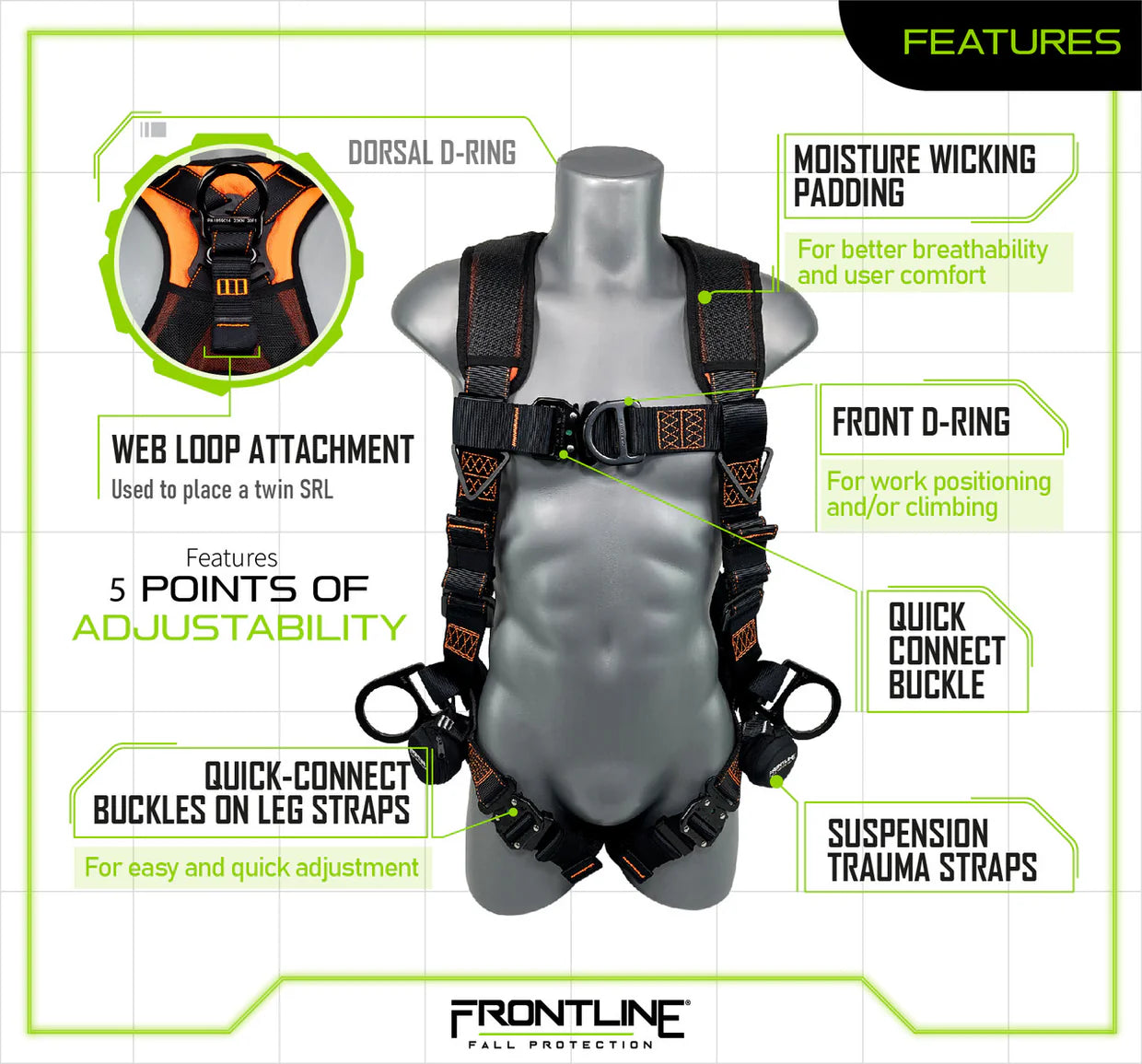 Harnais-gilet intégral de combat Frontline 105CFTB Combat™ — Anneaux en D avant et latéraux avec sangles anti-choc de suspension