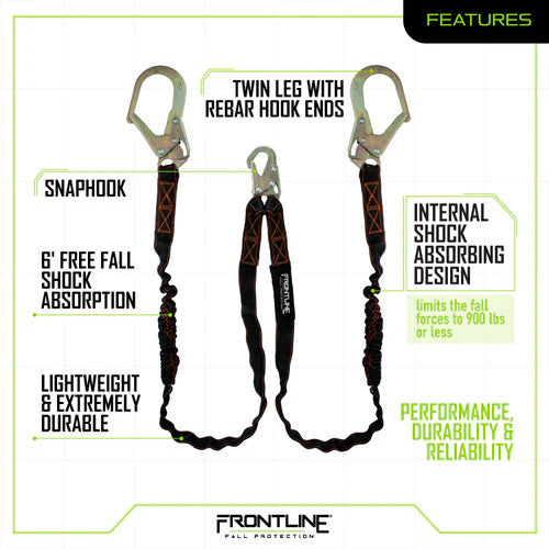 Longes avec absorbeur d'énergie interne Frontline LIS62R Combat™ à double corde d'attache de 6 pi avec crochets à armature | Attache à 100 % | CSA / OSHA Canada