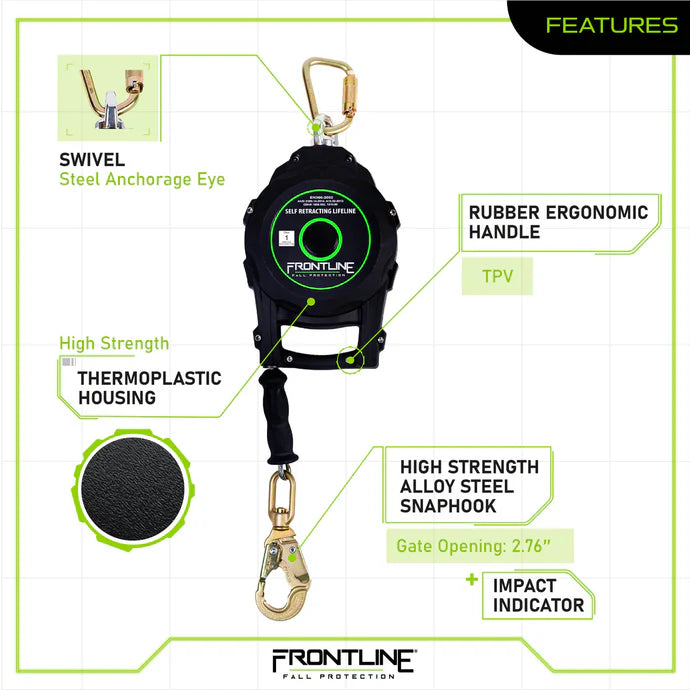 Longe de sécurité à enrouleur Frontline RPGC Cable SRL, un brin, avec mousqueton en acier | Ligne de vie auto-rétractable avec poignée de transport et ligne de tirage | Canada