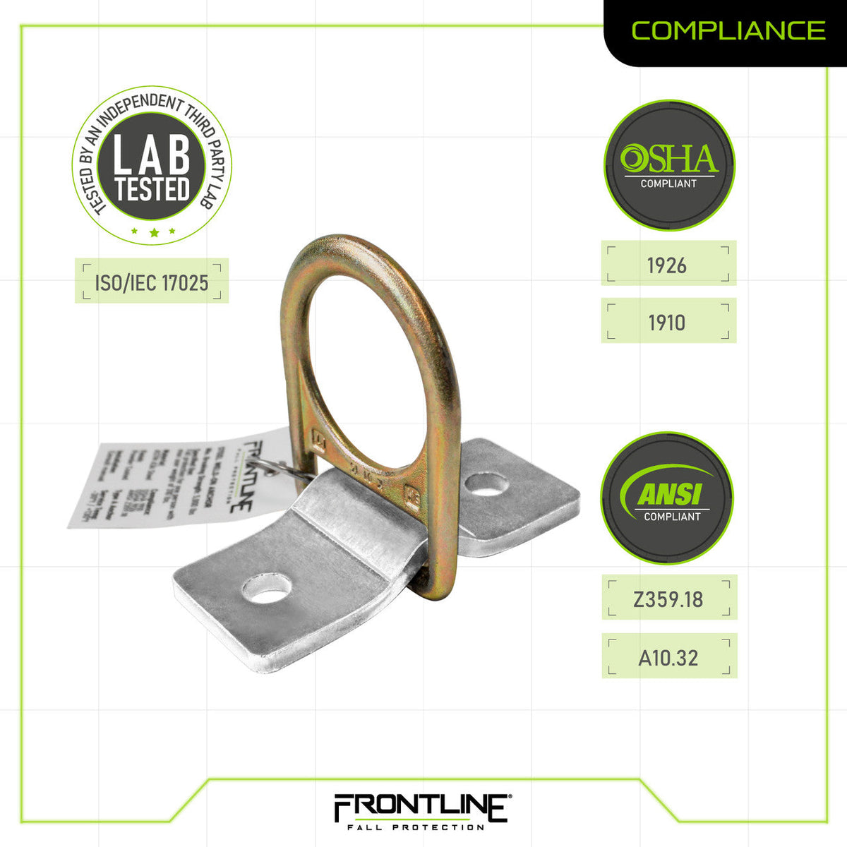 Frontline SBW01 compliance sheet, ANSI Z359.18, A10.32 and OSHA