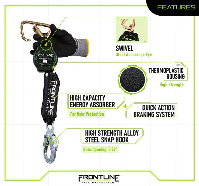 Longe auto-rétractable à sangle en fibre d'aramide Frontline RPAS, un bras, avec mousqueton en acier | Résistance à la chaleur et aux coupures | Canada