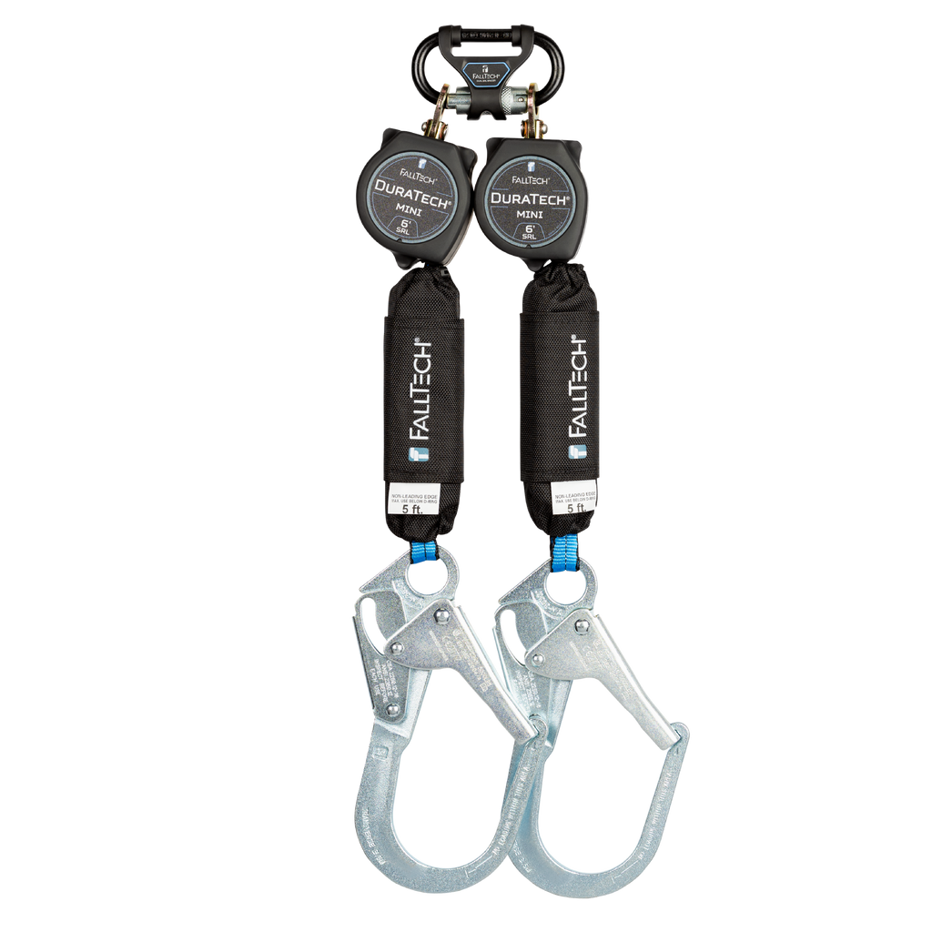 FallTech C72706TB3 DuraTech 6 ft twin-leg SRD with rebar hooks, front view