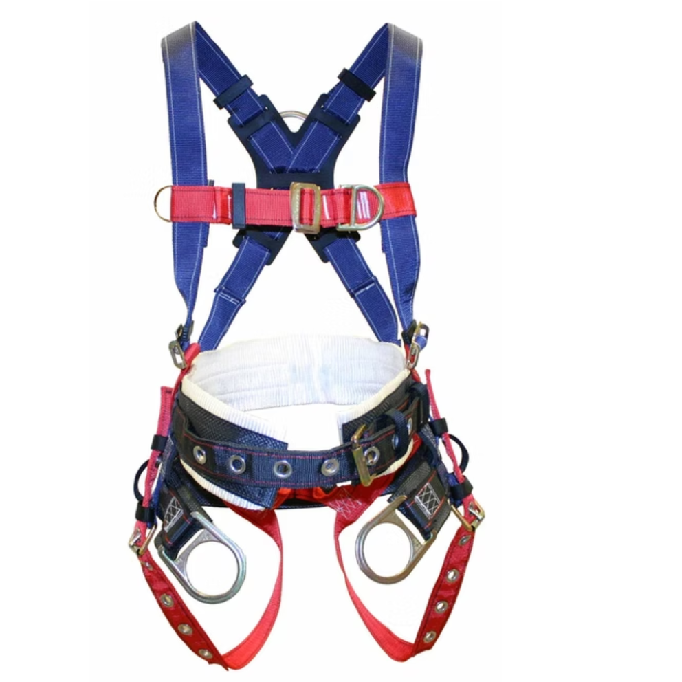 Safety harness with blue and red straps on a white background