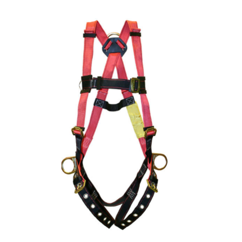 Safety harness with multiple straps and buckles on a white background